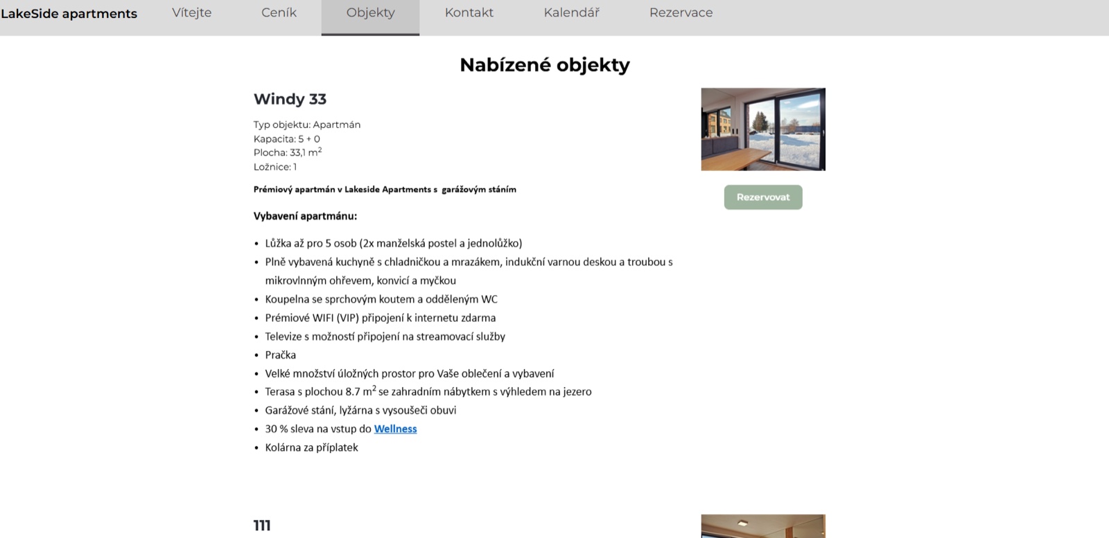 Detail apartmánu Lakeside: typ objektu, kapacita, plocha a vybavení
